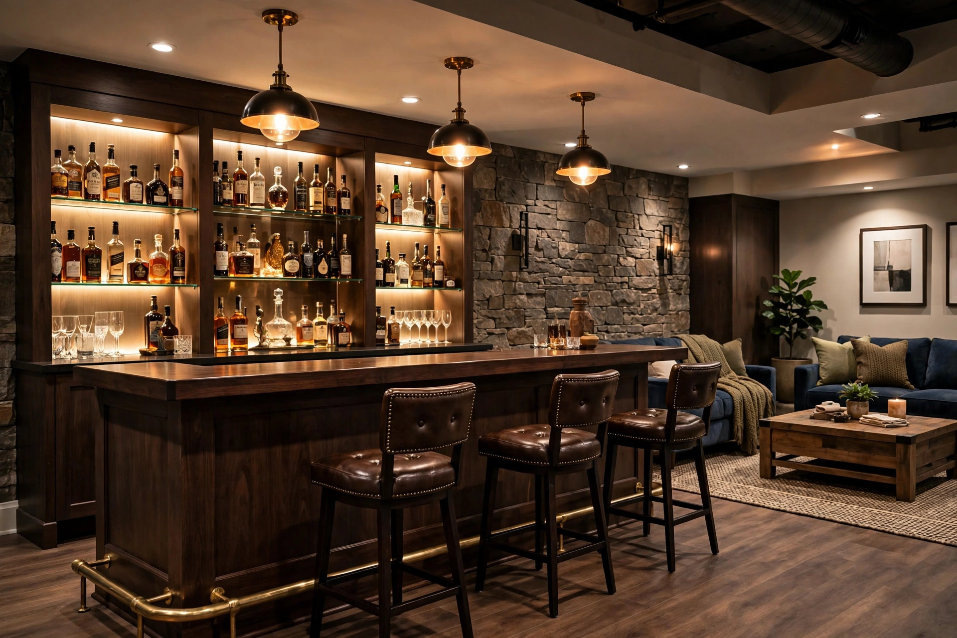 Finished basement renovation with home bar