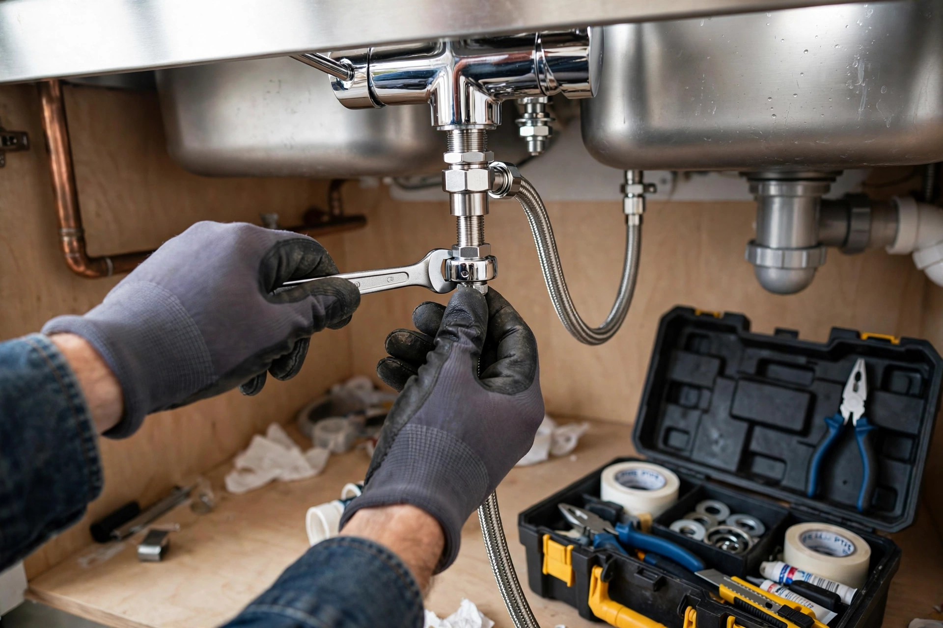Plumber installing a faucet